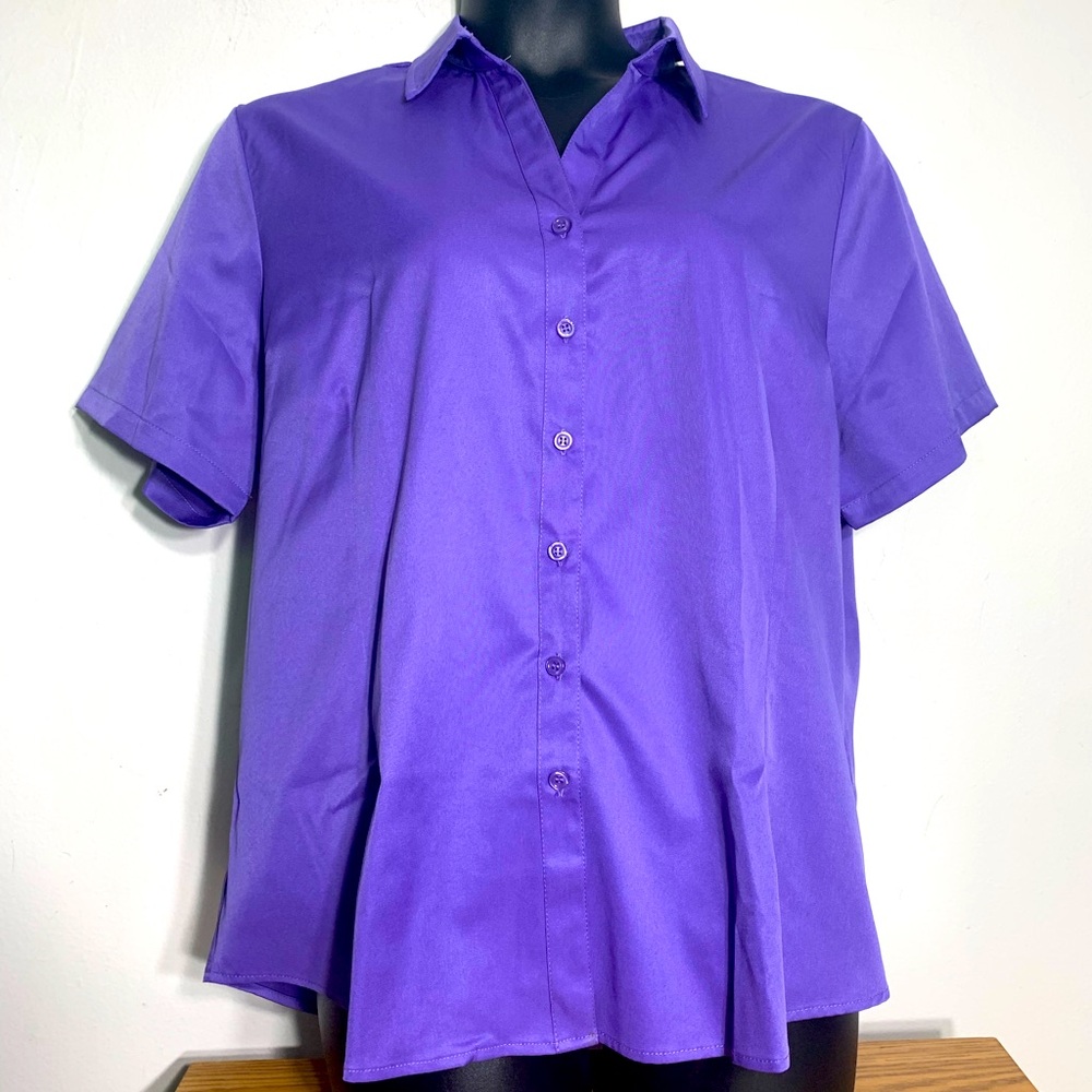 NWT Silky satin Button down short sleeve blouse purple 3X